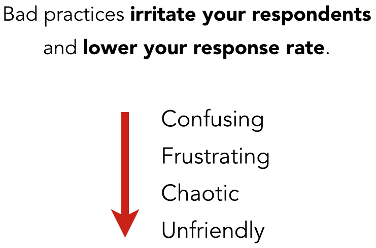 Bad web form design practices irritate your respondents and lower your response rate. Bad practices make for confusing, frustrating, chaotic, unfriendly web forms.