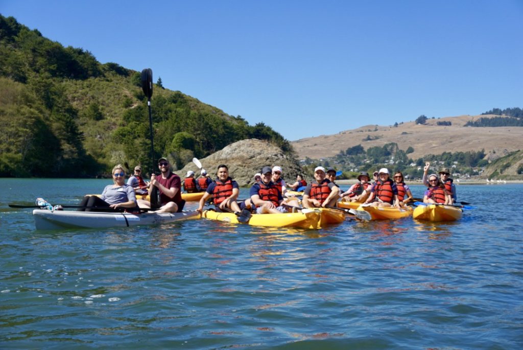 The kayaking group assembles for a photo as they explore the Russian River. 