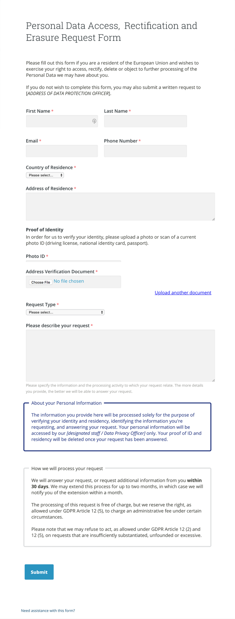 gdpr form template formassembly