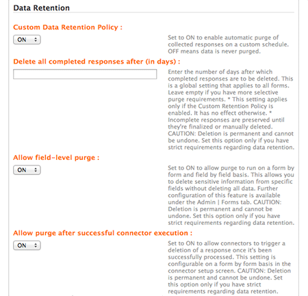Screenshot of Data Retention Settings where you can set options to purge response data