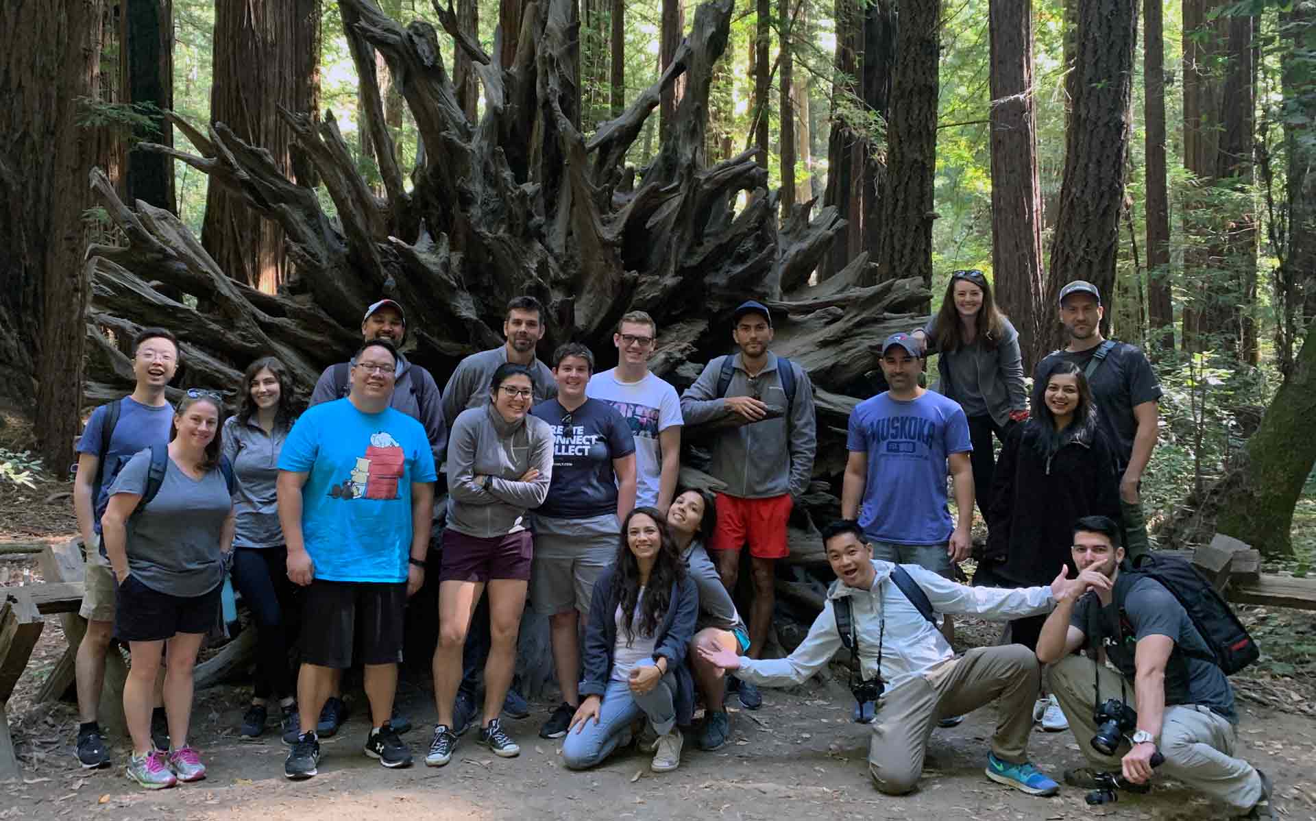 Part of the FormAssembly team poses for a photo at the FormAssembly 2019 reunion in the redwood forest near Sonoma, California.