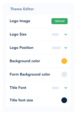 Screenshot of the theme editor in Form Assembly showing options for logo image, logo size, logo position, background color, form background color, title font, and title font size.