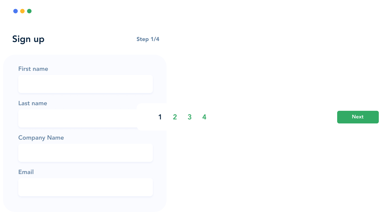 Screenshot of the multi-page forms editor in Form Assembly, using a sign-up form with four fields as an example.