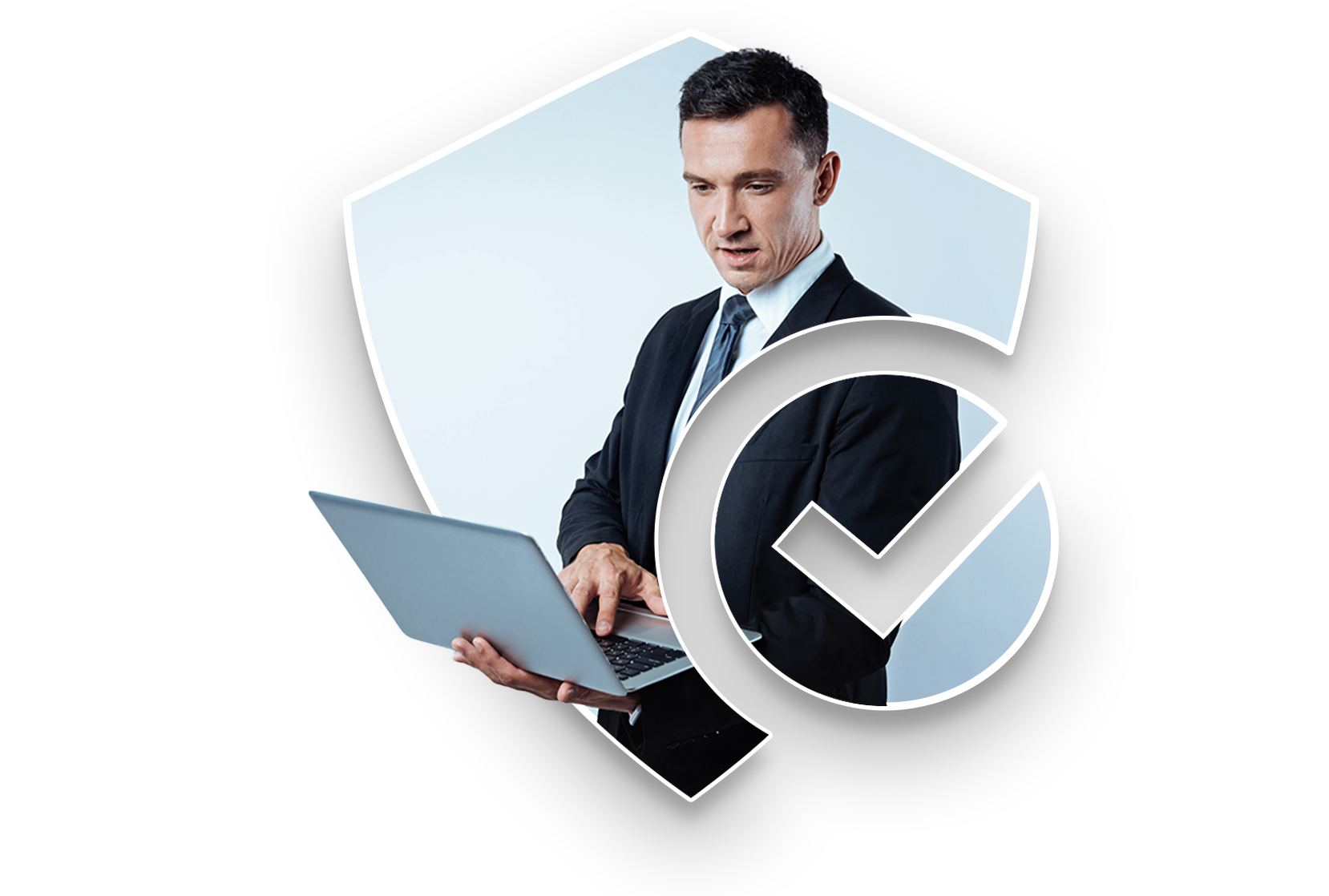 Image with a shield and a person with a laptop